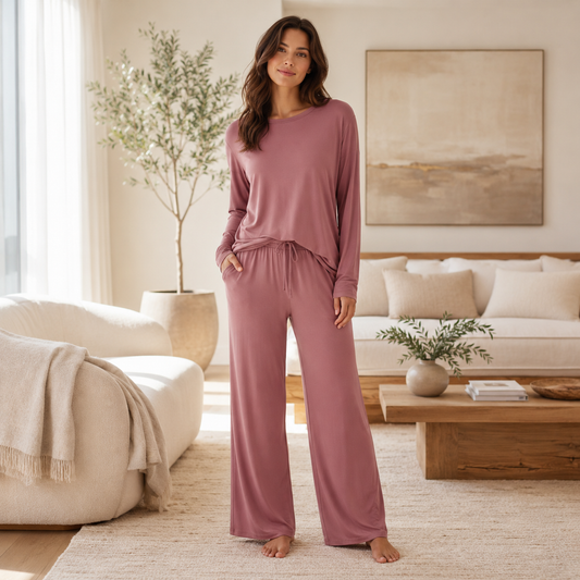 GORVENLIA™ CloudSoft Modal Lounge Set — Women's 2-Piece Long Sleeve Pajama Set, Relaxed Top & Wide-Leg Pants